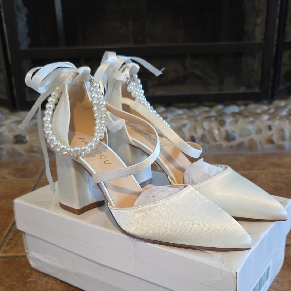 Elegant Pearl-Ankle Tie White Satin Heels